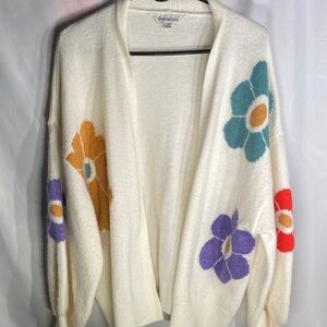 Davi & Dani Floral Cardigan Cream Oversized Cozy Knit Sweater